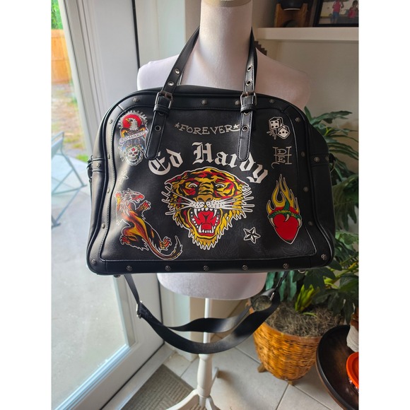 Ed Hardy Handbags - Ed Hardy Black Tattoo Graphic Satchel Bag Tiger Eagle Studded Y2K Bowler Bag